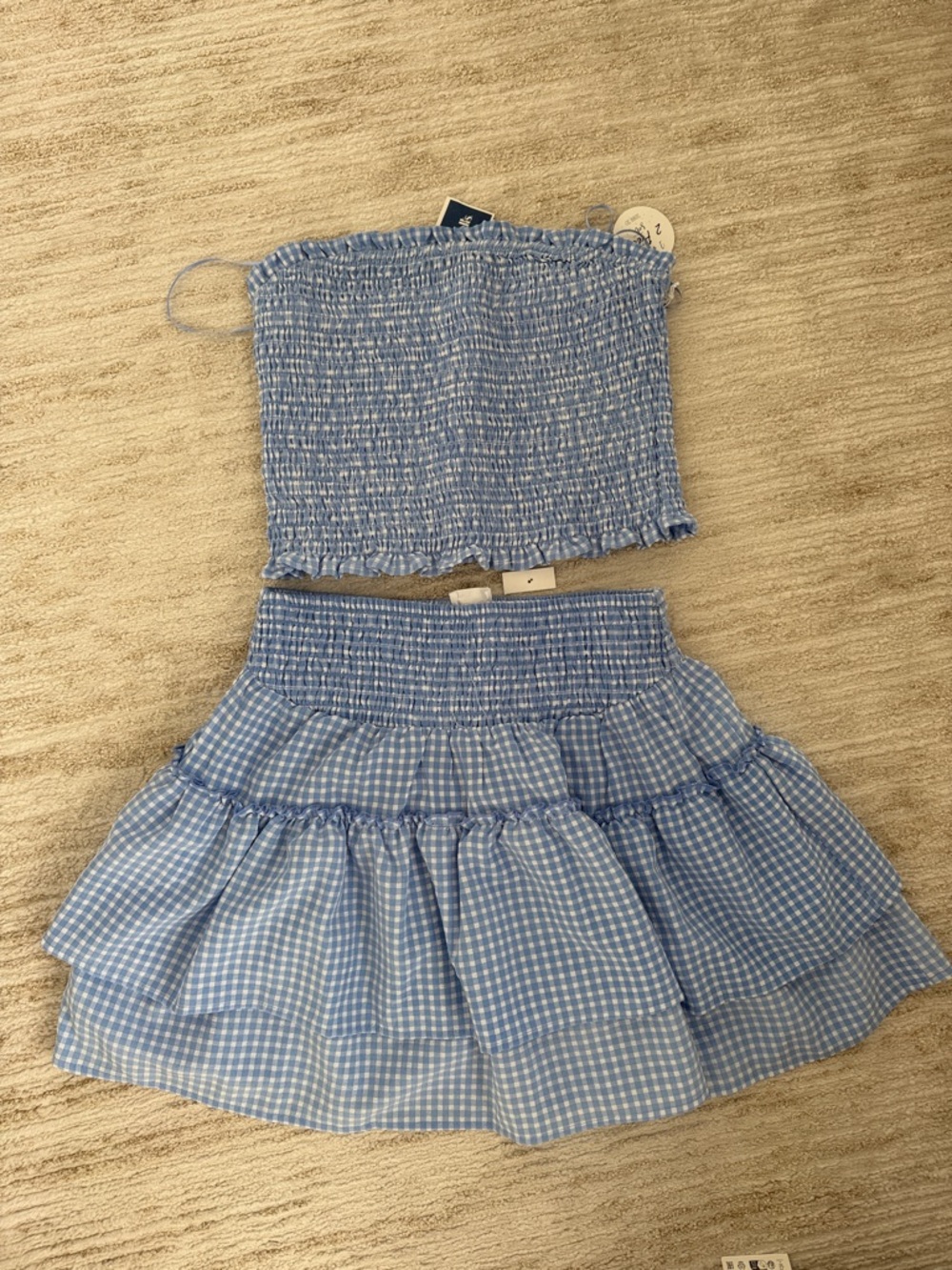 Sienna Sky Light Blue Gingham Smocked Tube Top & Tiered Mini Skirt Set